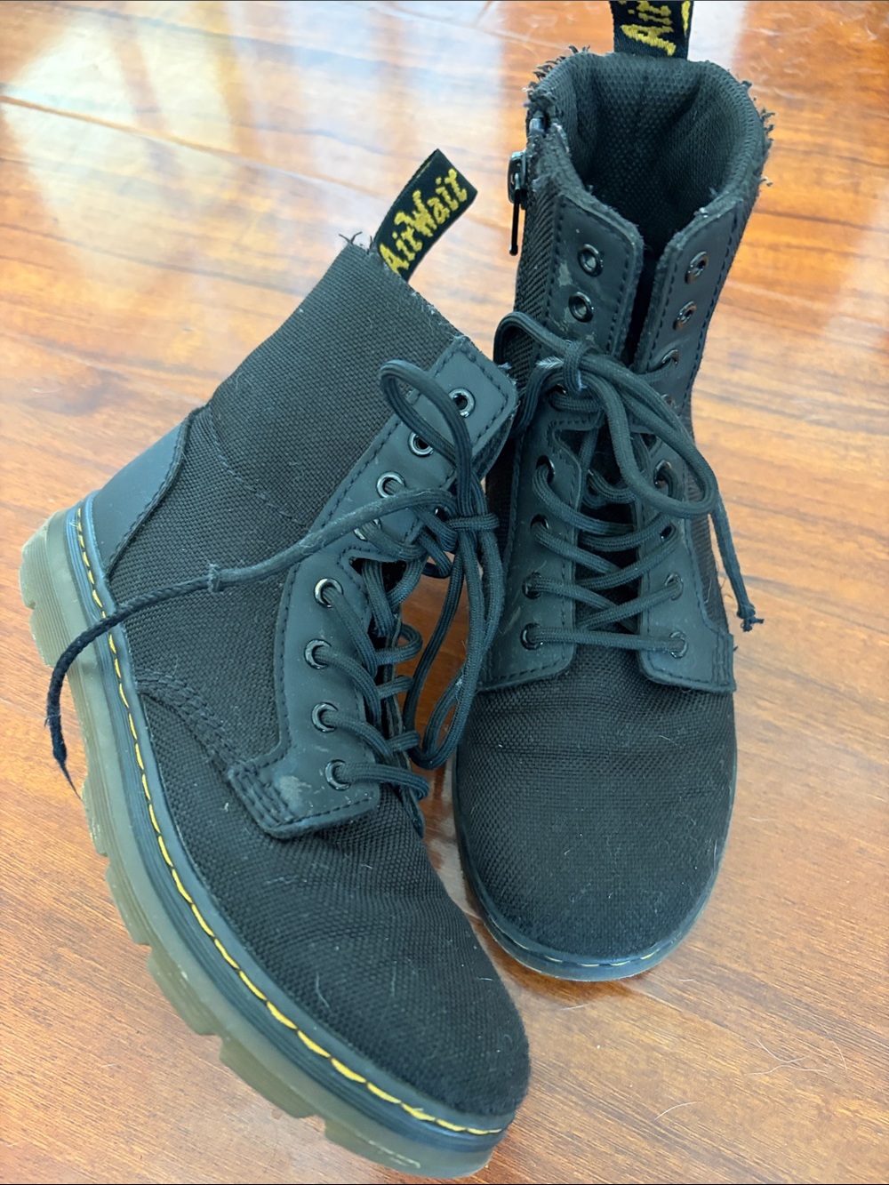Dr. Martens Kids Black Canvas Lace-Up Boots with Yellow Stitching